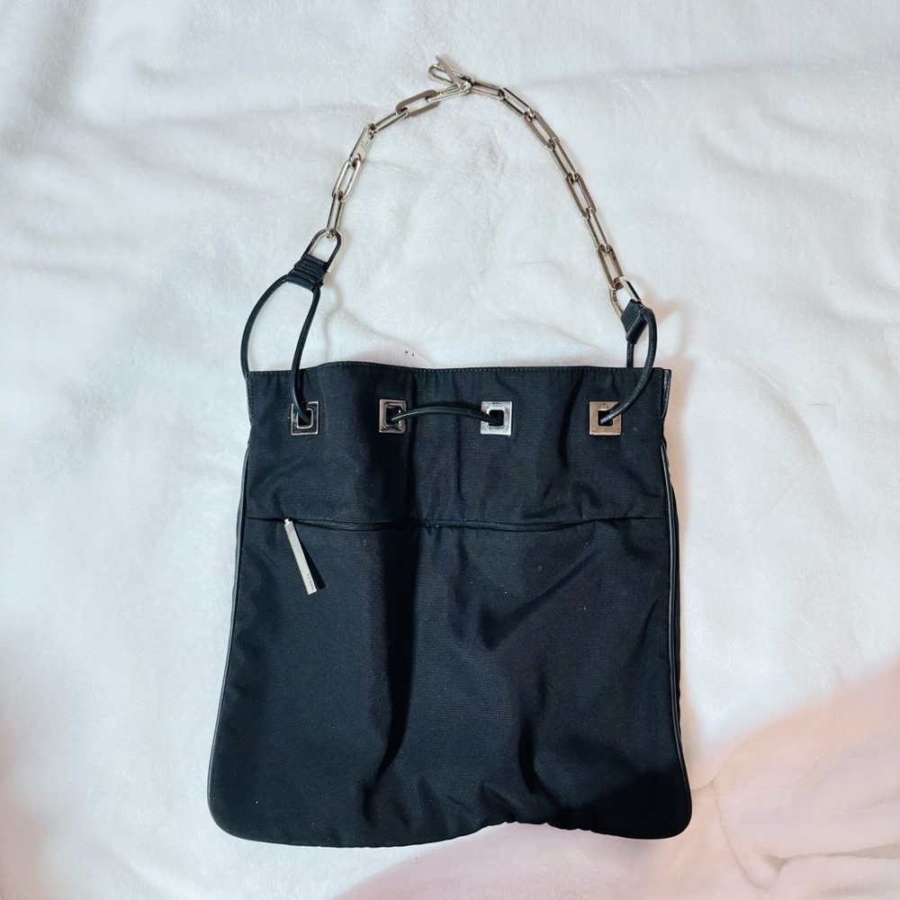 Gucci Drawstring Bucket Bag Leather Silver Chain Link Strap Nylon Vintage